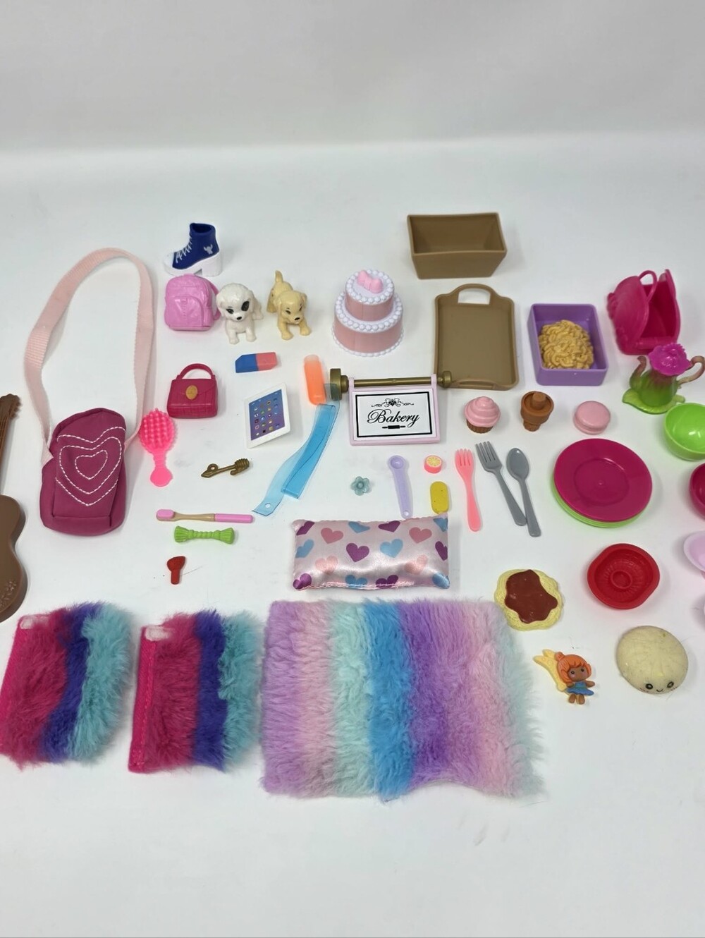 45 Piece Assorted Doll Replacement Accessories Lot Pets Food Bedding Guitar